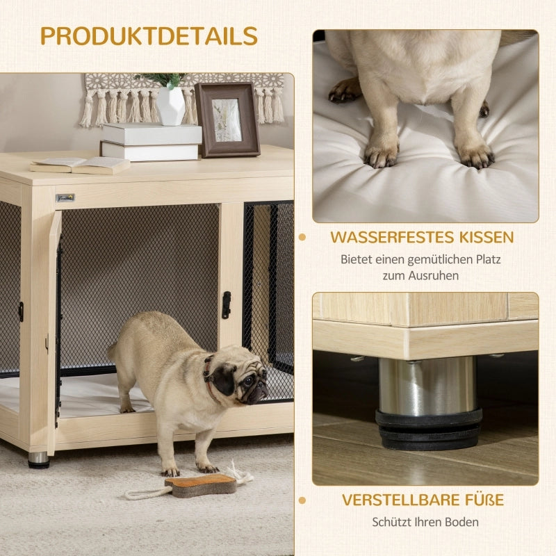Scaffale box per cani con 2 porte e chiusura, cuscino sfoderabile lavabile, acciaio e truciolare, color oak