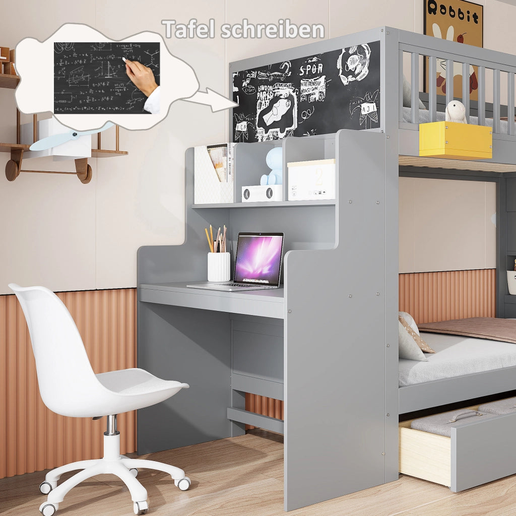 LETTO A CASTELLO 90x200 cm in legno grigio con scrivania e 2 cassetti