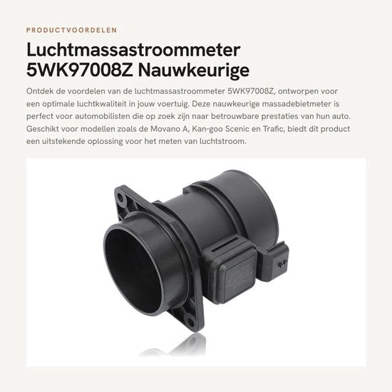 Misuratore di massa di aria compatibile con Movano/Vivaro/Scénic - Modello 5WK97008Z - Misuratore di flusso di aria - Misurazione dell'aria precisa - Adatto per motori da 101 a 146 CV - Misuratore di flusso