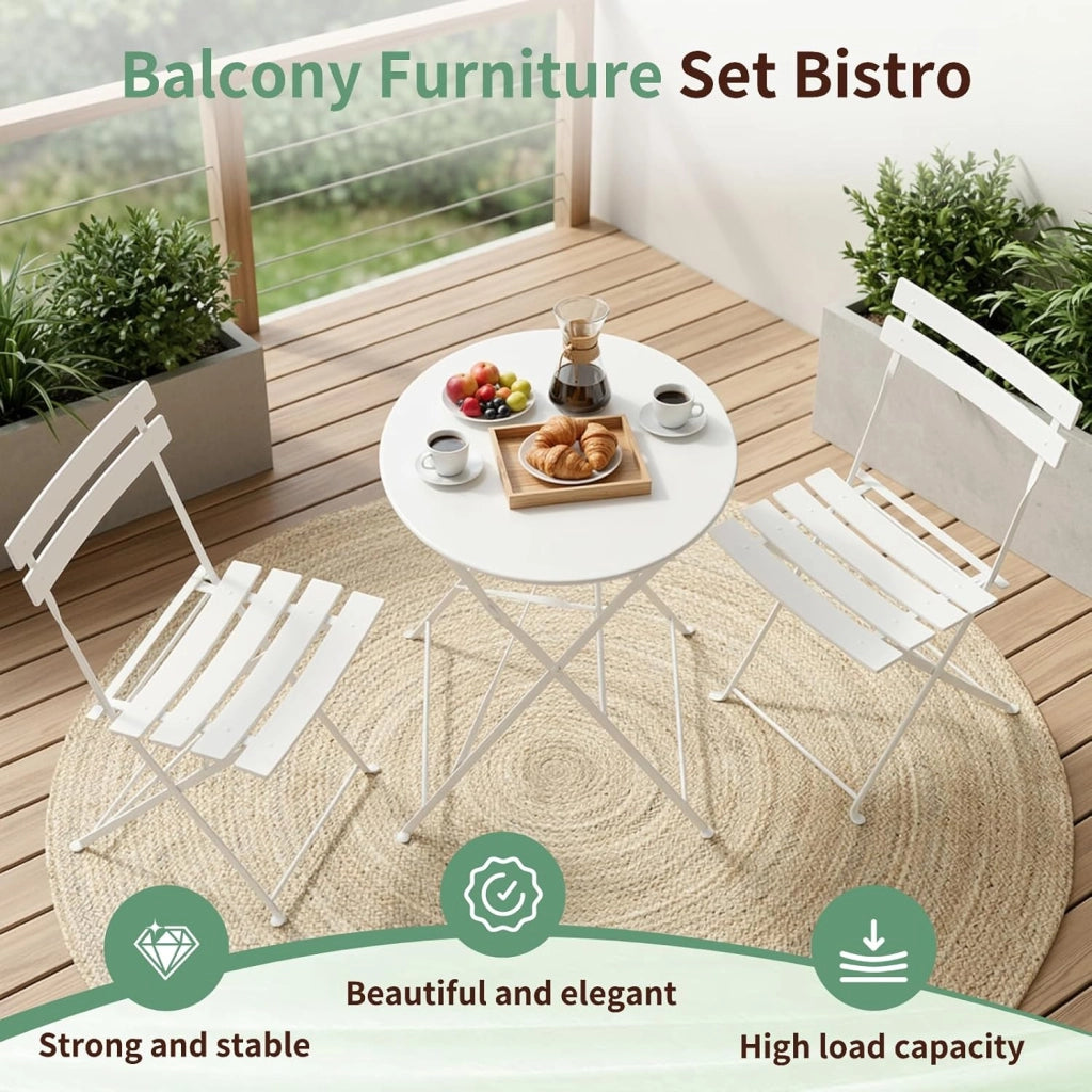 Set da Bistrot Pieghevole 3 Pezzi, Tavolo da Giardino Bistrot in Metallo, 1 Tavolo e 2 Sedie per Piccoli Balconi, Resistente alle Intemperie, per Balcone, Giardino e Terrazzo, Bianco