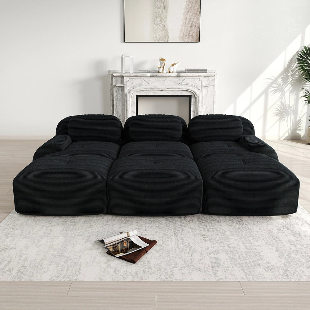 Set divano 3 posti + 3 pouf - Xylo - Velluto costato, braccioli XL, imbottitura 32D, nero