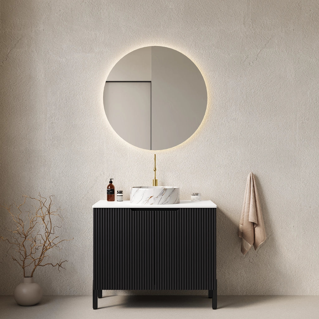 Mobile sottolavabo con lavabo in ceramica e 2 ante soft-close, per bagno, in MDF e pietra sinterizzata, 76 × 48 × 87 cm