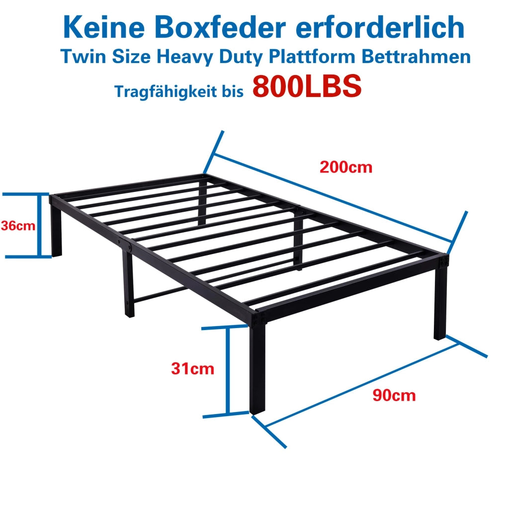 LETTO 90x200 cm in metallo nero, struttura piattaforma silenziosa