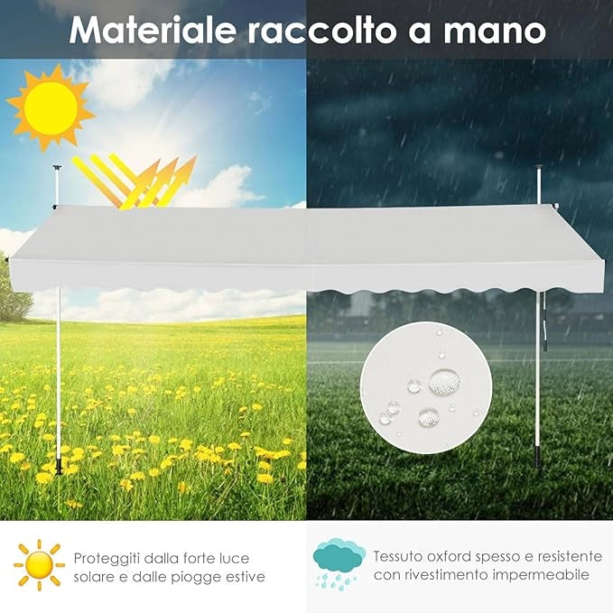 Tenda da Sole per Balcone, Tenda da Sole a Morsetto per Esterno, Regolabile in Altezza, Telaio Telescopico Senza Forare, Telo Resistente ai Raggi Solari (350 cm, Beige)