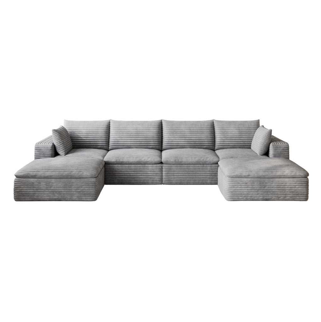 Divano modulare in tessuto grigio con supporto in schiuma; design componibile e imballo compresso