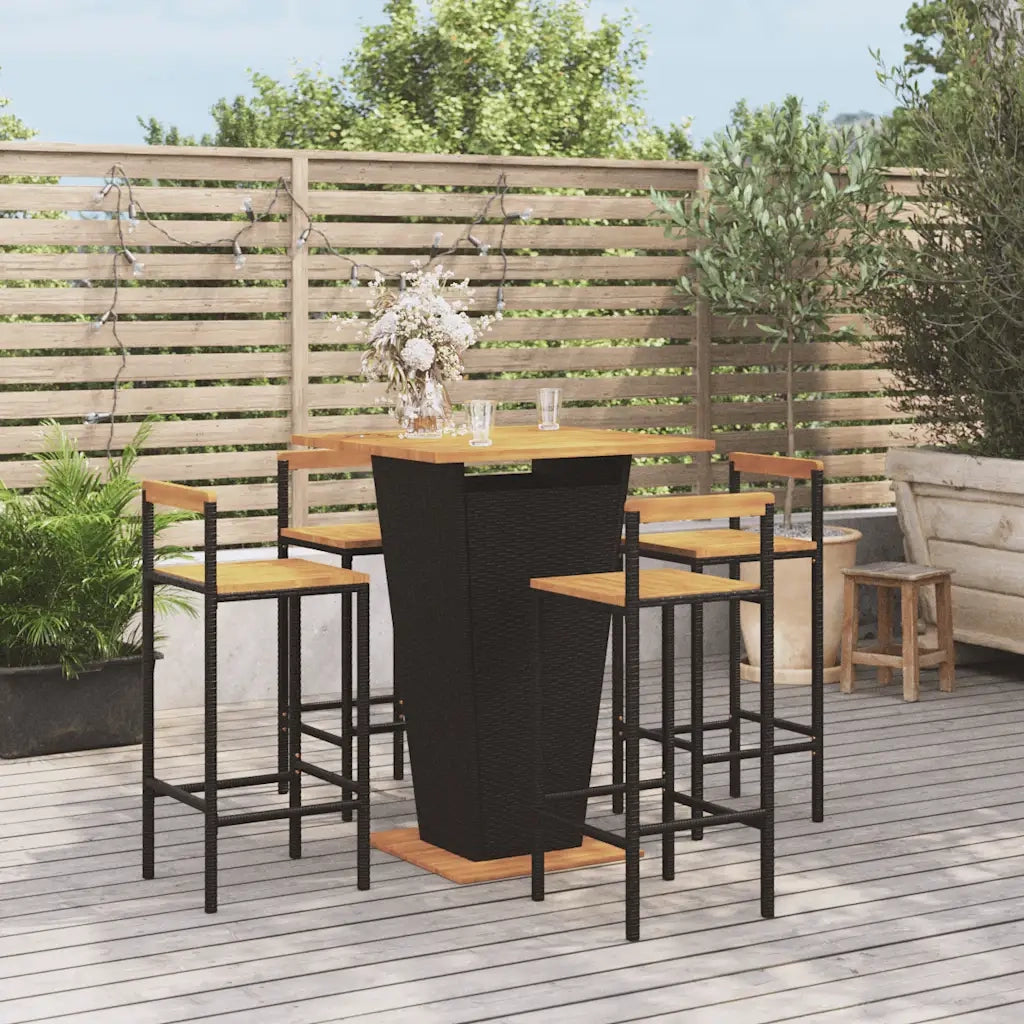 Set Bar Giardino 5 pz Nero Polyrattan e Legno Massello Acaciacod mxl 126412