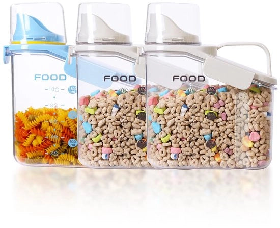 Set di conservazione a tenuta di aria, contenitore da cucina organizzatore dispenser per alimenti secchi, pentola da servizio, granola per colazione, farina (set di 3 x 1,5L - bianco + bianco + blu)