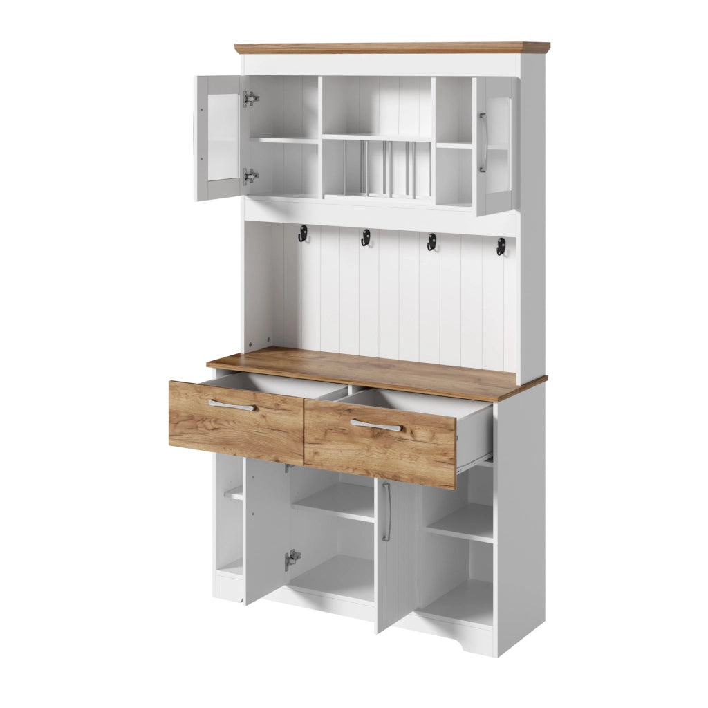 Credenza cucina con vetrina, 2 cassetti e ganci, bianco e naturale, 106x39x176,5 cm