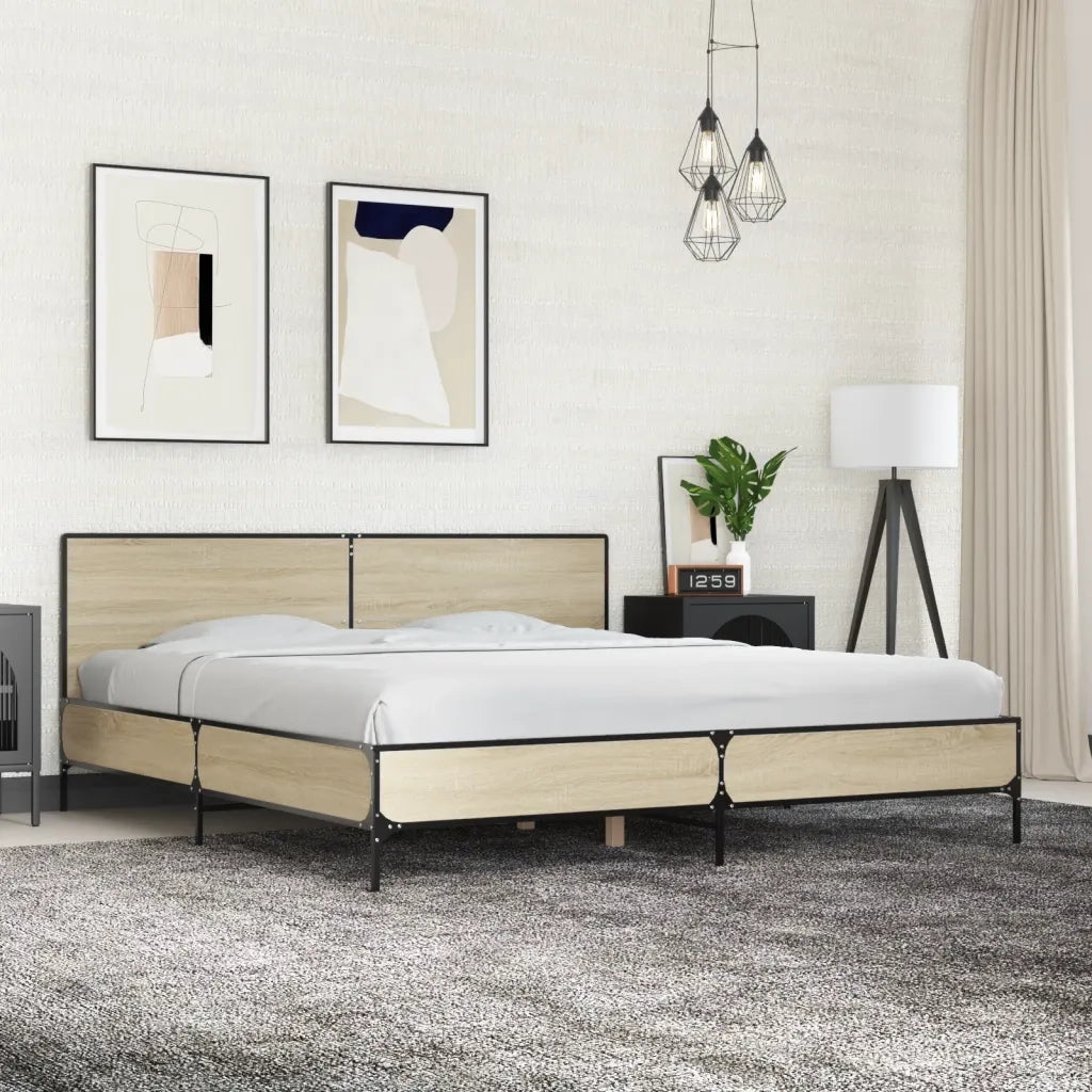 Letto matrimoniale | Letto per adulti | Giroletto Rovere Sonoma 200x200 cm Legno Multistrato e Metallo