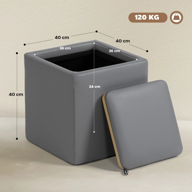 Pouf contenitore quadrato 40x40x40 cm in similpelle grigio con vano interno 44 L