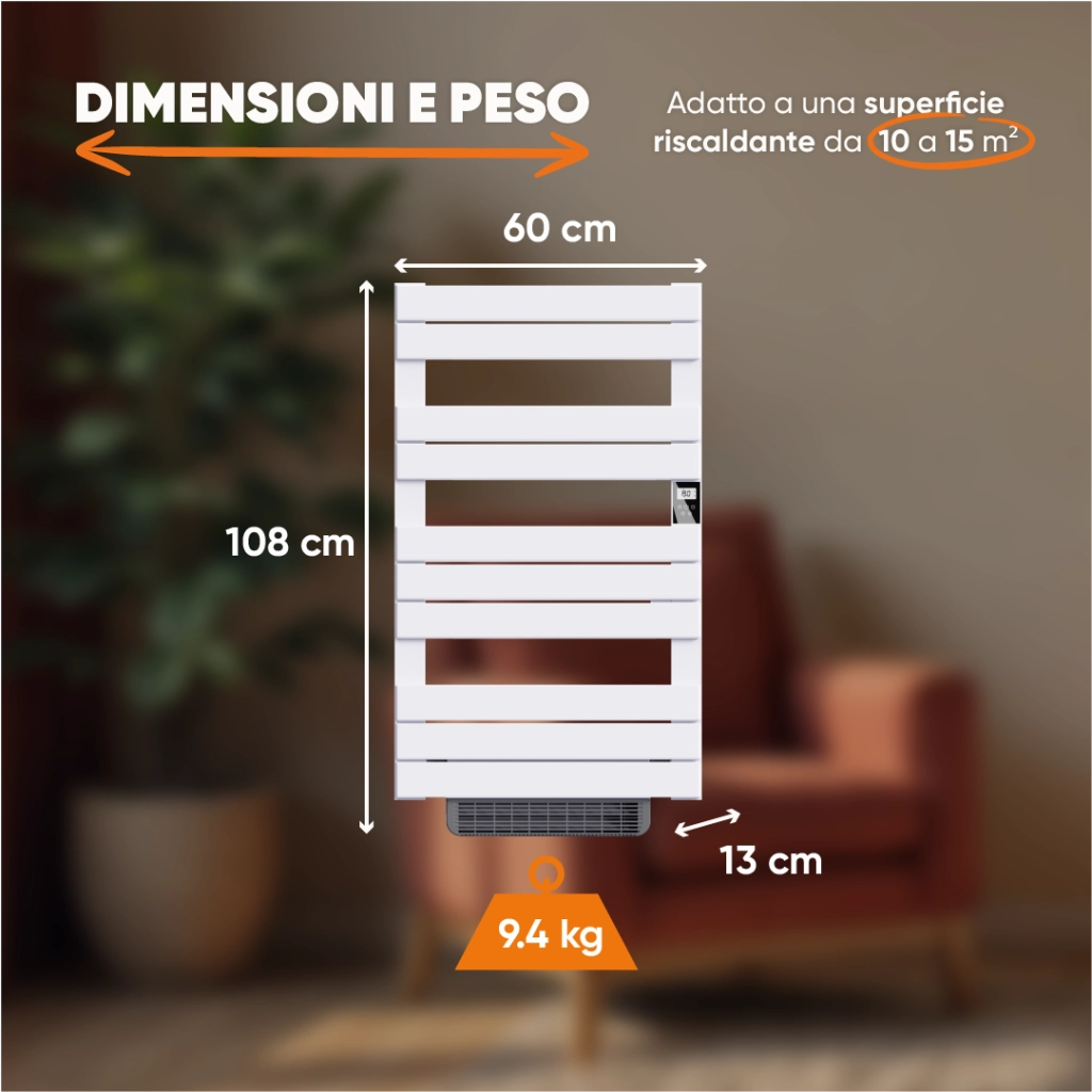 Scaldasalviette elettrico senza liquidi con soffiante 500W+1000W H.108,4xL60cm HANAE bianco