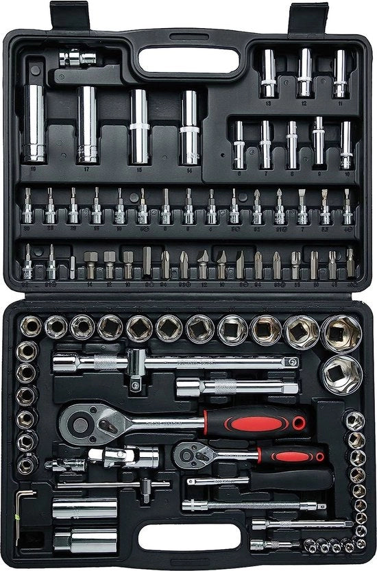 Set di chiavi a dente da 94 pezzi con set di chiavi a stella, cassetta a vite 1/4 pollici, valigetta di attrezzi, cassetta a vite, attrezzo, set di dente a vite in acciaio cromato-vanadio, valigetta di attrezzi con dente e adattatore