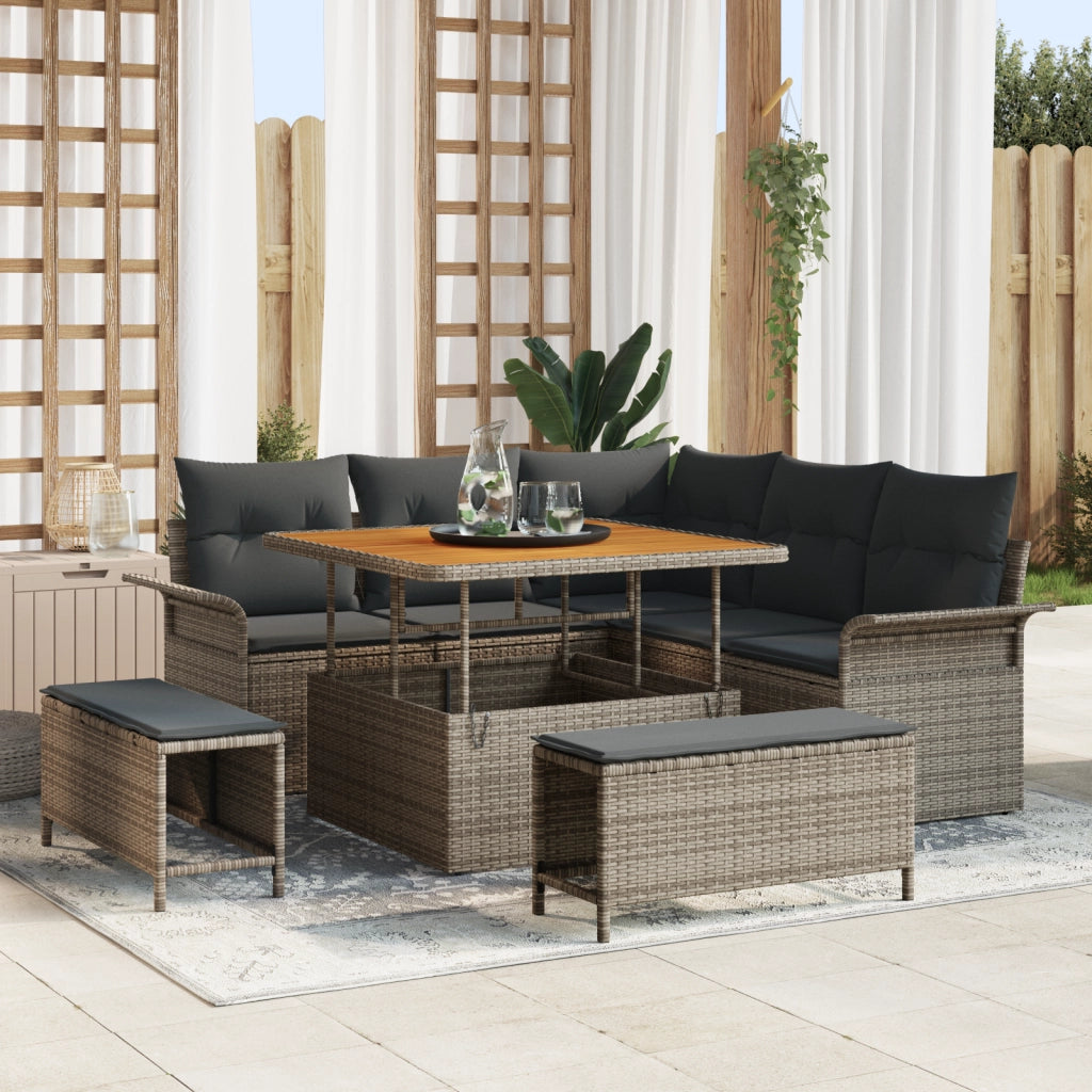 Set Divano da Giardino con 8 Pezzi e Cuscini Grigio Polyrattan Acacia