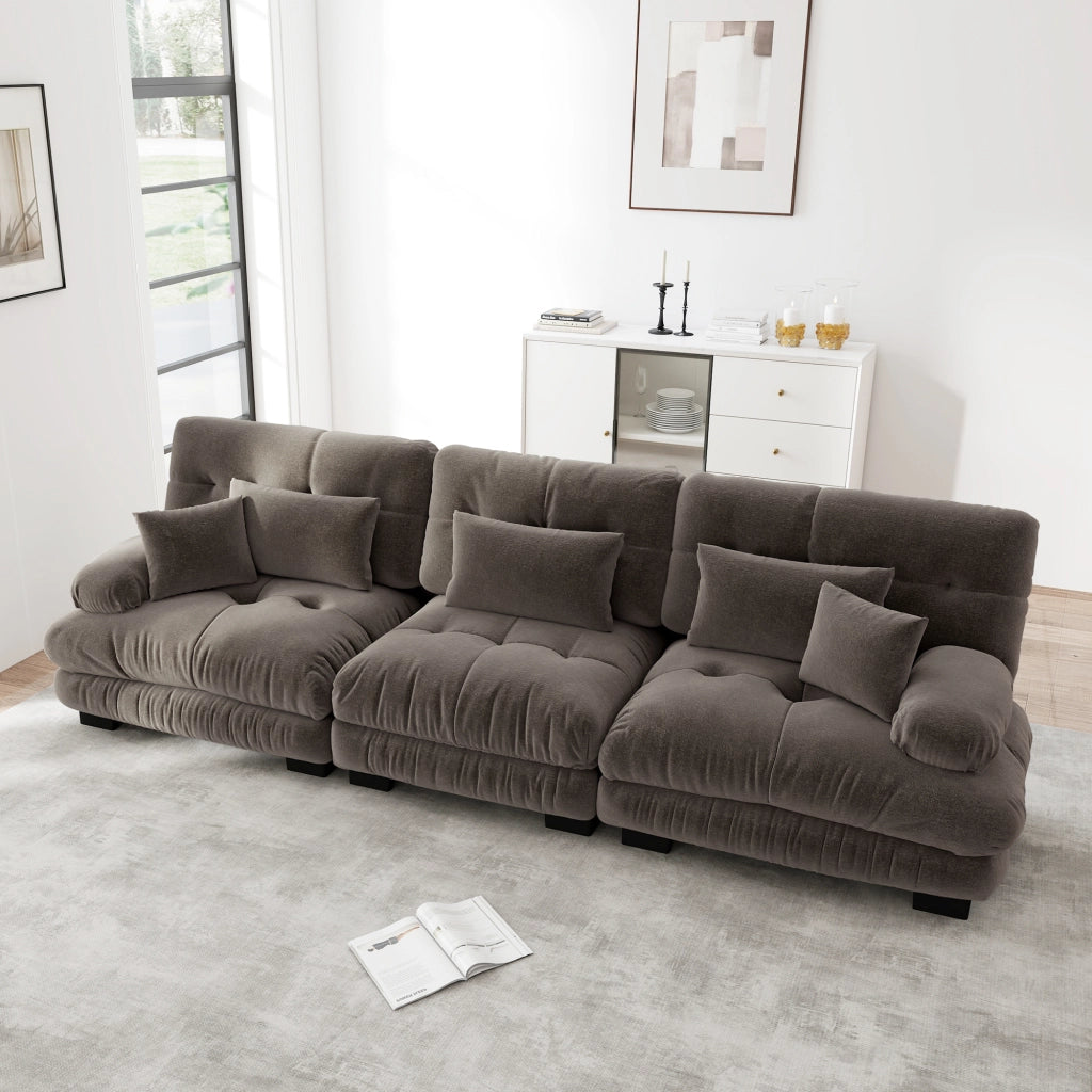 Divano angolare modulare con seduta profonda e cuscini, in ciniglia marrone per soggiorno 313 × 77 × 81 cm