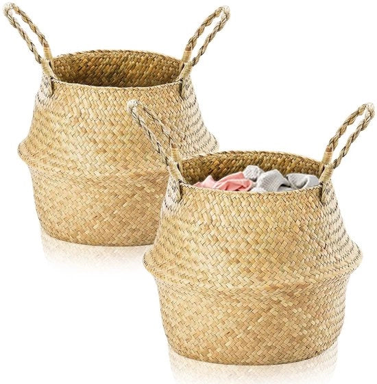 Set da giardinaggio 2 pezzi, cesto di plastica rotondo con maniglia, cesto intrecciato, vaso per piante, cesto di rafia, set di vasi per piante, cesto per coperte, giocattolo per piante (XXL: 38x34cm)