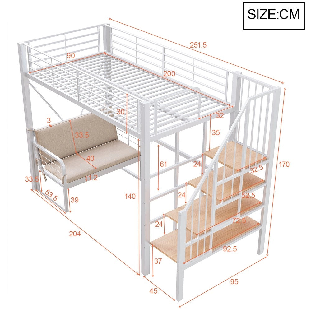 Letto a castello stabile - Zephmum- 90x200 cm - Bianco - Con divano, spazio di archiviazione e scala di sicurezza