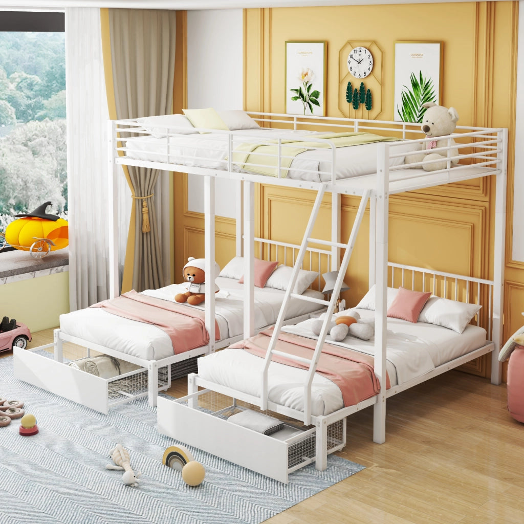 Letto a castello triplo con cassetti metallo bianco 140x200 cm