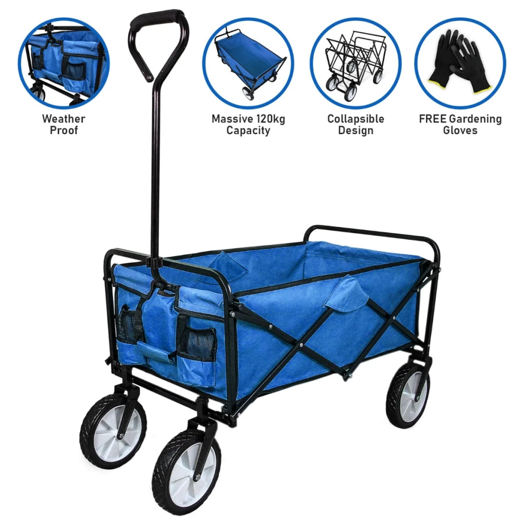 Carretto Carrello Giardinaggio Pieghevole Rimorchio Carriola da Giardino Blu