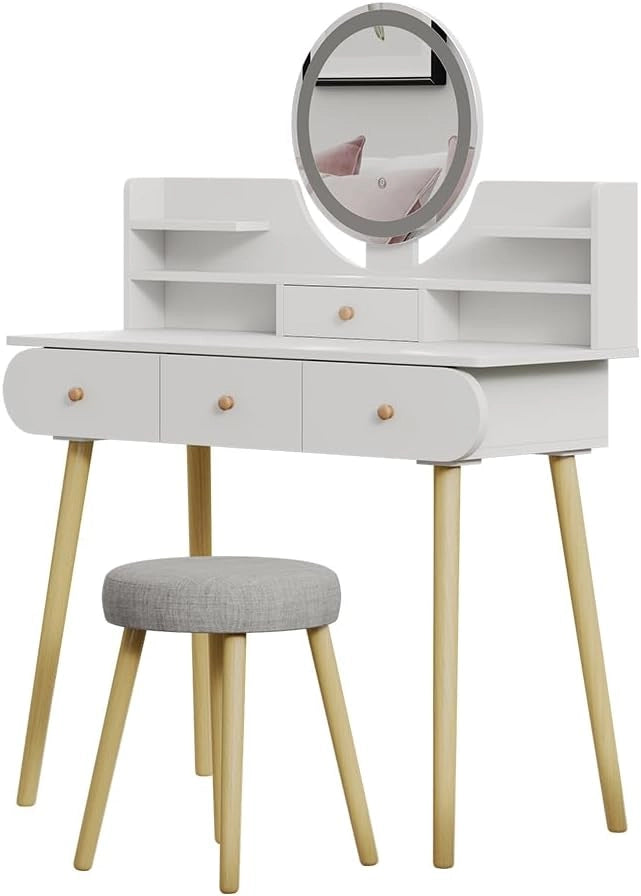 Tavolo da toilette Edda, Bianco, 100 cm con specchio LED e sgabello, con specchio LED rotondo e sgabello coordinato