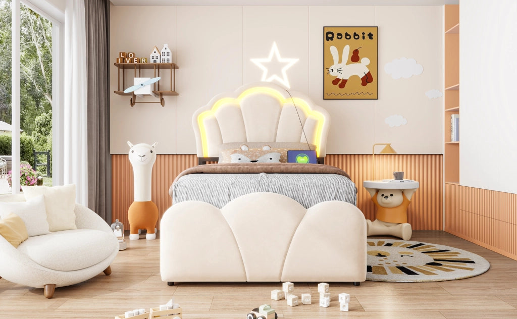 Letto imbottito beige 90x200 cm con contenitore idraulico, illuminazione LED e prese integrate
