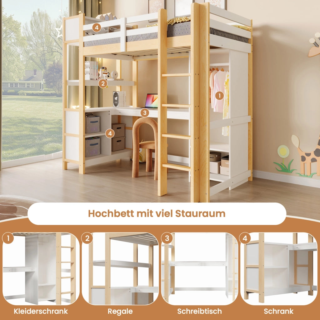 DESMIU Letto a soppalco 90 × 200 cm con scrivania, ripiani e armadio, senza materasso, per bambini da 6 anni, bianco naturale