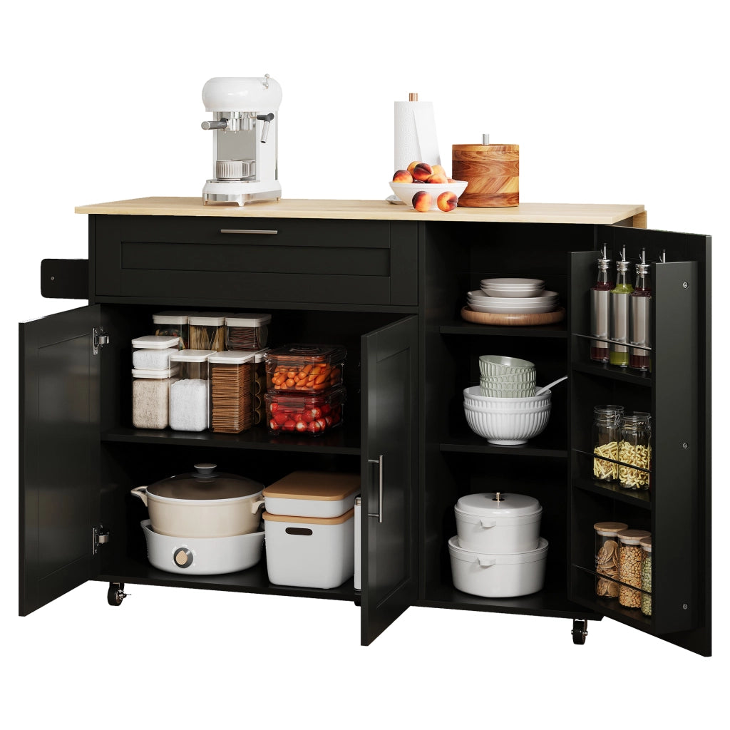 Carrello Isola da Cucina 132;5x44/70x90 cm Nero con Piano Ribaltabile; Armadietti e 5 Ruote