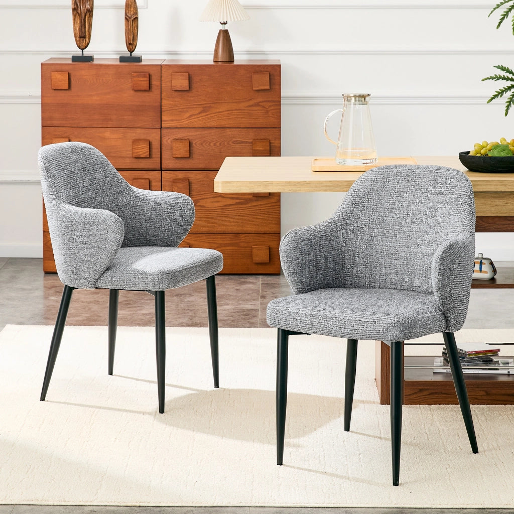 Set di 2 sedie da pranzo in tessuto grigio con gambe in metallo nero e schienale avvolgente