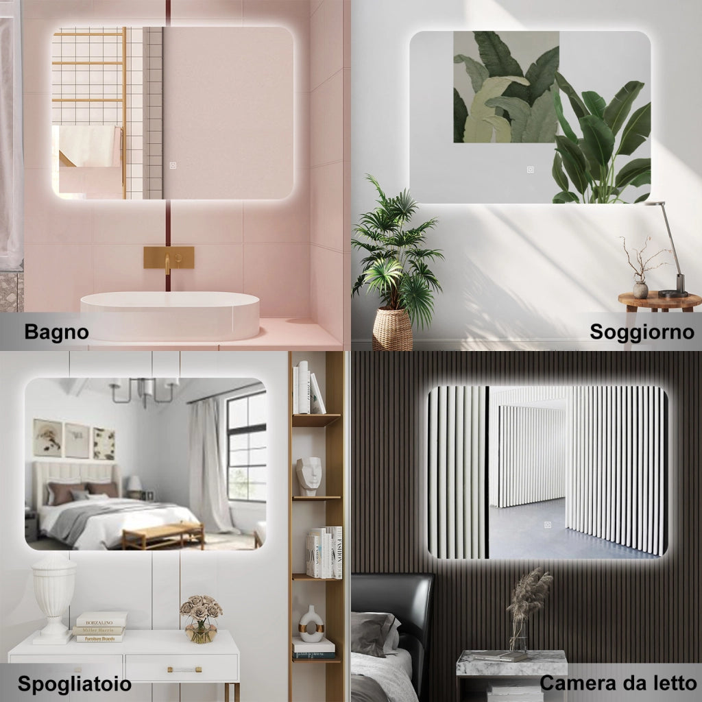 AICA Specchio da bagno 80 x 60 cm, dimmerabile, interruttore touch, Funzione Memoria