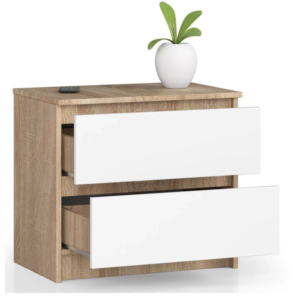 Comodino AKORD K60 Sonoma Quercia 60 cm 2 cassetti inserto frontale Bianco 60x40x55 cm