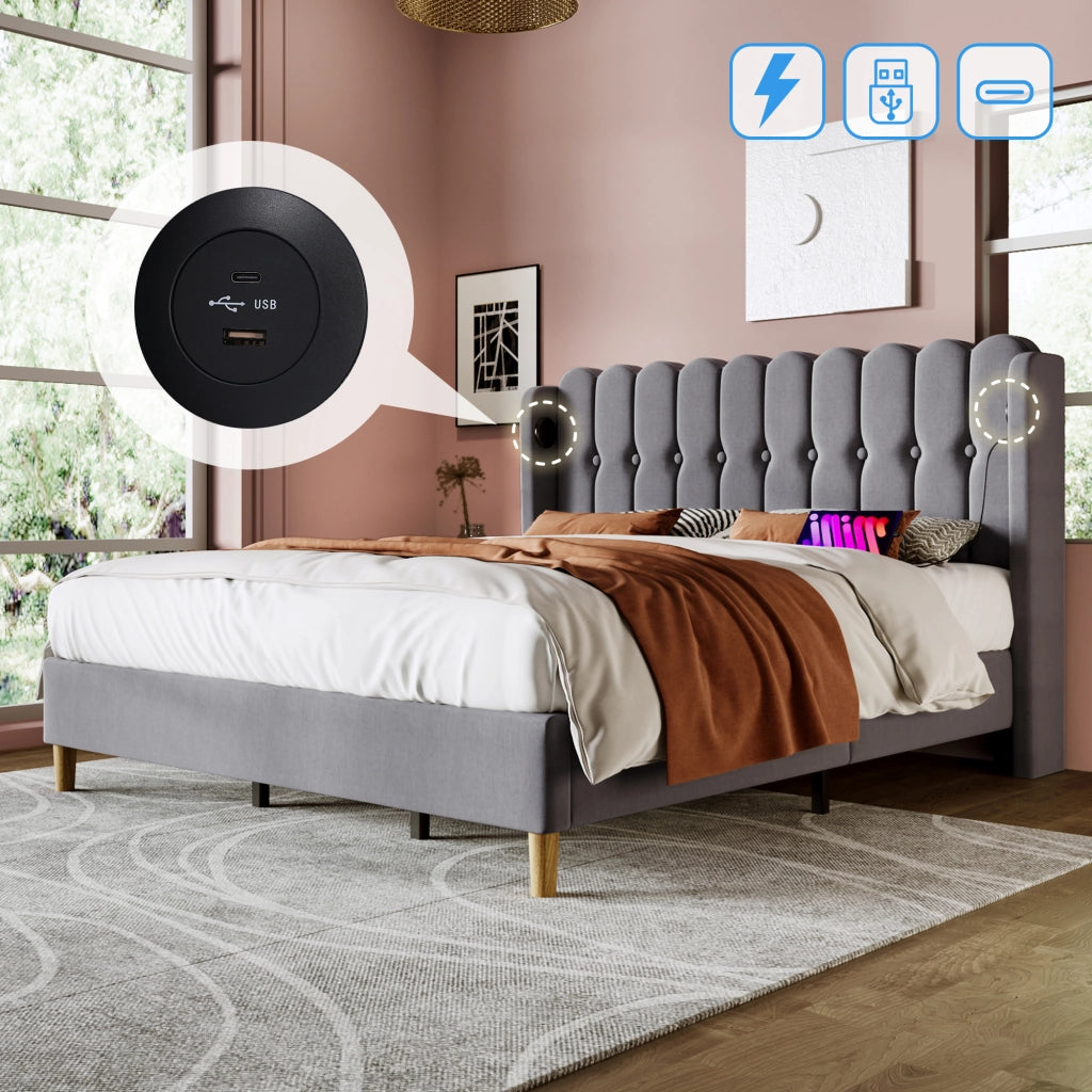 OKWISH Letto Imbottito, Letto Matrimoniale con USB, Tipo C e Testiera Imbottita, 140 × 200 cm, con Materasso, Grigio