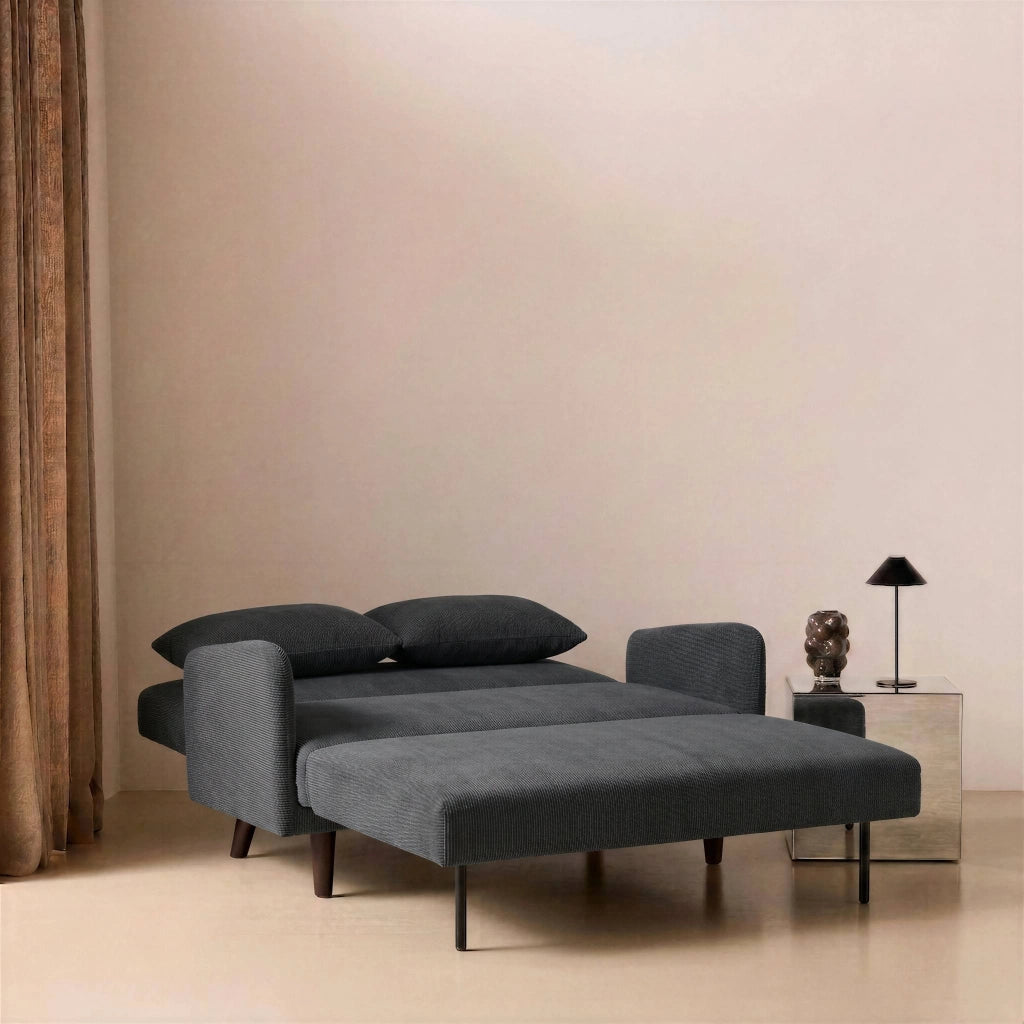 Divano letto in velluto a coste con gambe in legno, 2 posti, grigio