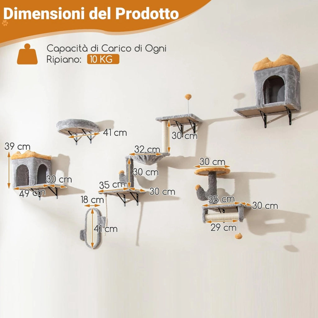 Set Albero per Gatti da Parete, Set Albero Tiragraffi Salvaspazio con Piattaforme, 2 Comode Cuccie, 1 Letto Comodo e 1 Tavola Graffio, Centro Attività per Gattini per Soggiorno
