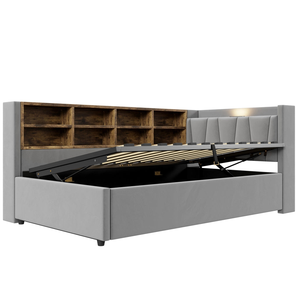 LETTO imbottito 90x200 cm in velluto grigio con testiera multifunzione