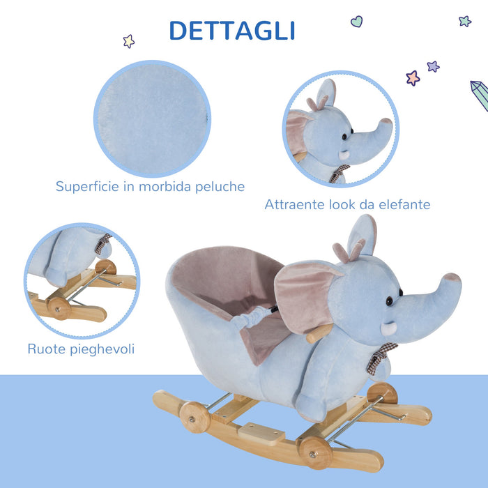 Cavallo a Dondolo per Bambini in Legno e Peluche Elefante Blu