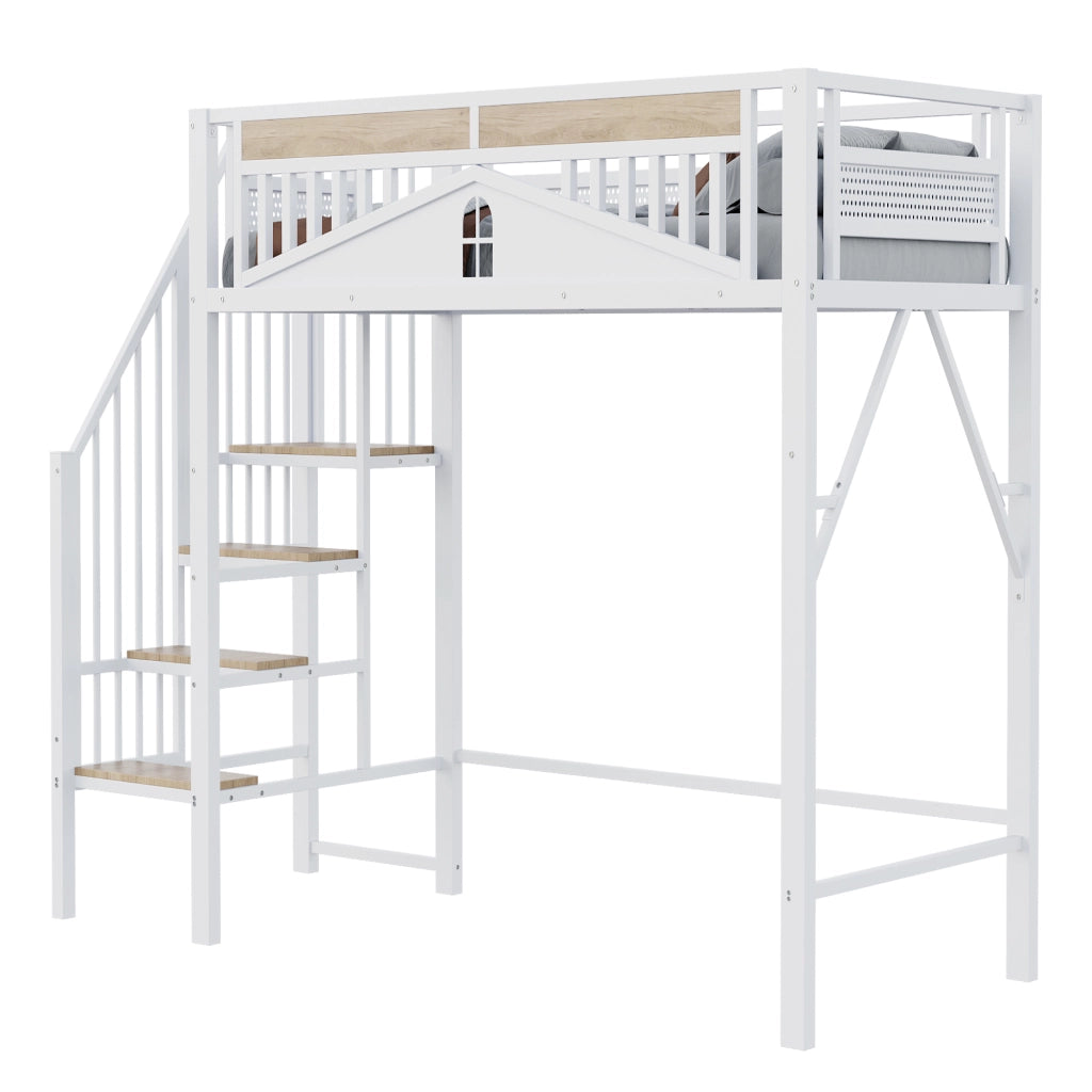 Letto a castello in metallo e legno bianco con recinzione di sicurezza e finestra 90x200 cm