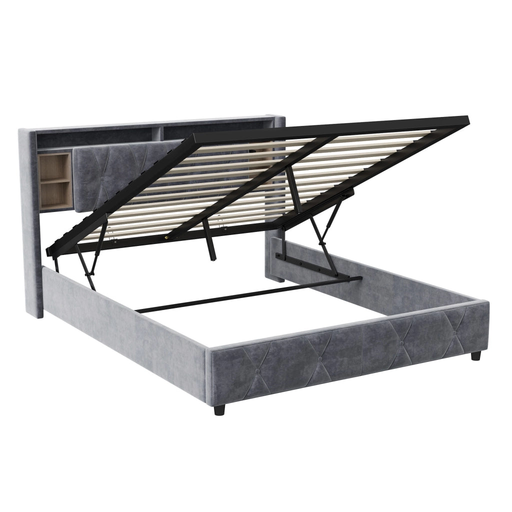 Letto imbottito grigio 140×200 cm, testiera contenitiva multilivello, USB‑C, LED con telecomando, base letto vano idraulico salvaspazio