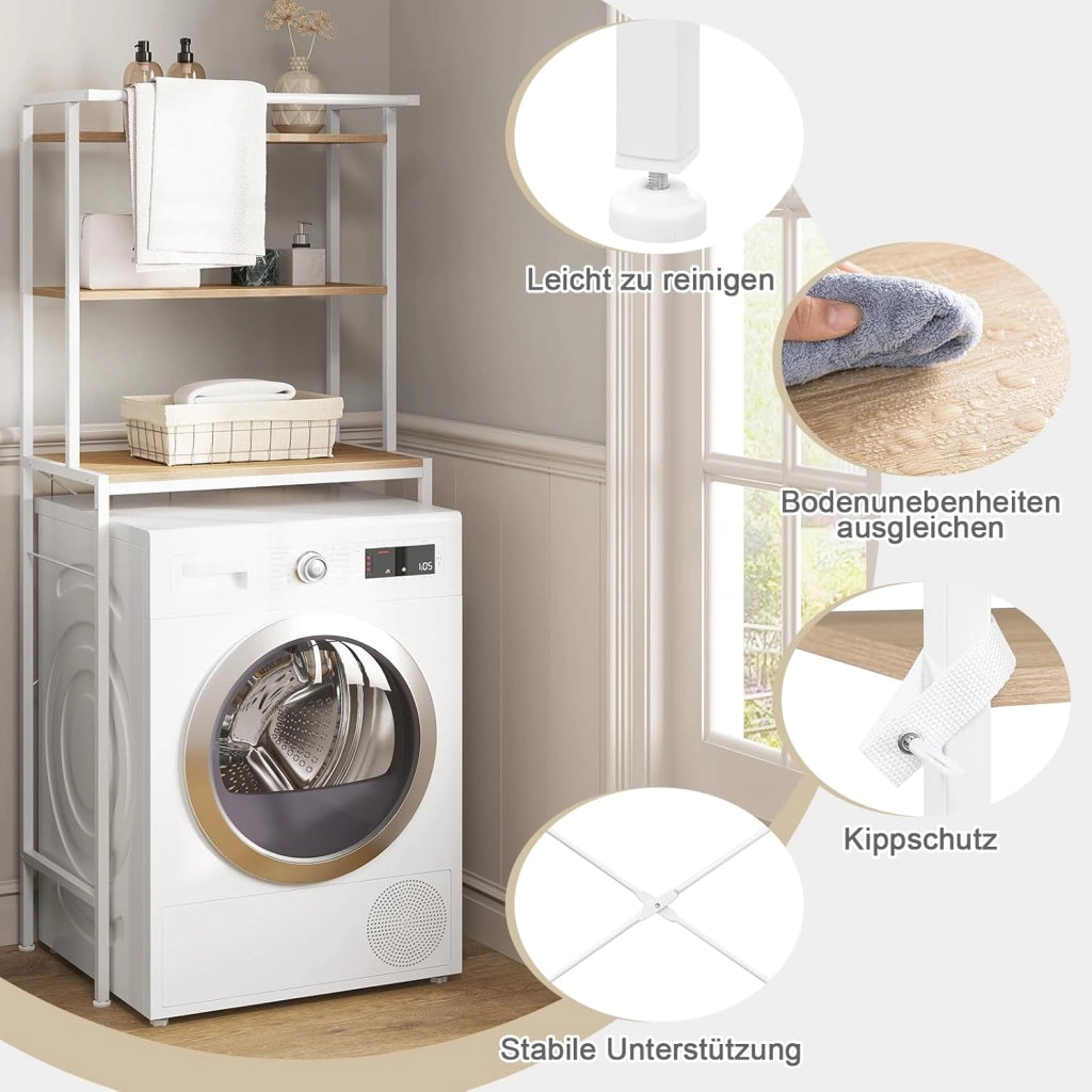Scaffale sopra Lavatrice a 3 Livelli, Mobile sopra WC Autoportante con Asta di Sospensione, per Bagno o Lavanderia, Rovere Chiaro e Bianco, 67x40x162 cm