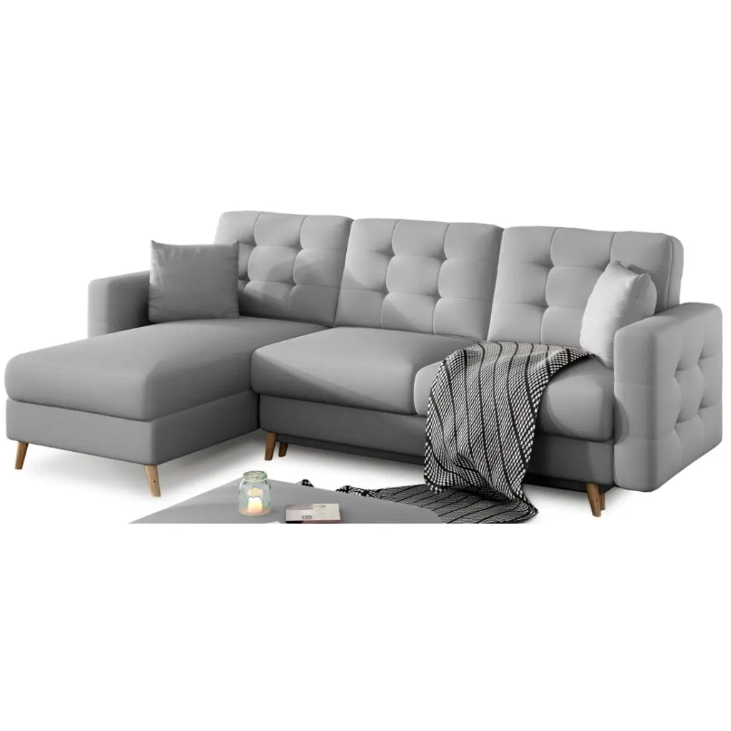 Divano angolare trasformabile HASGARD 3 posti grigio 248x162 cm – con vano contenitore e piedi in legno