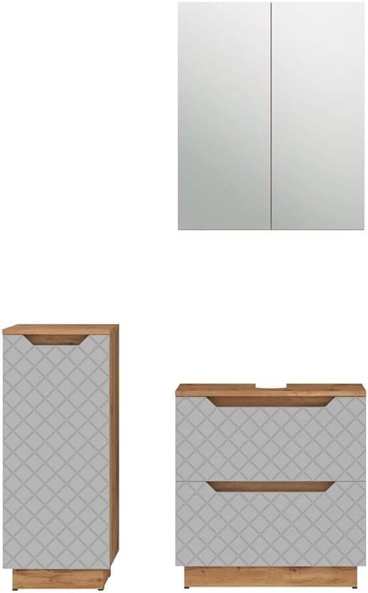Set di mobili da bagno Lotta, Rovere/grigio con struttura in piastrelle, 3 parti