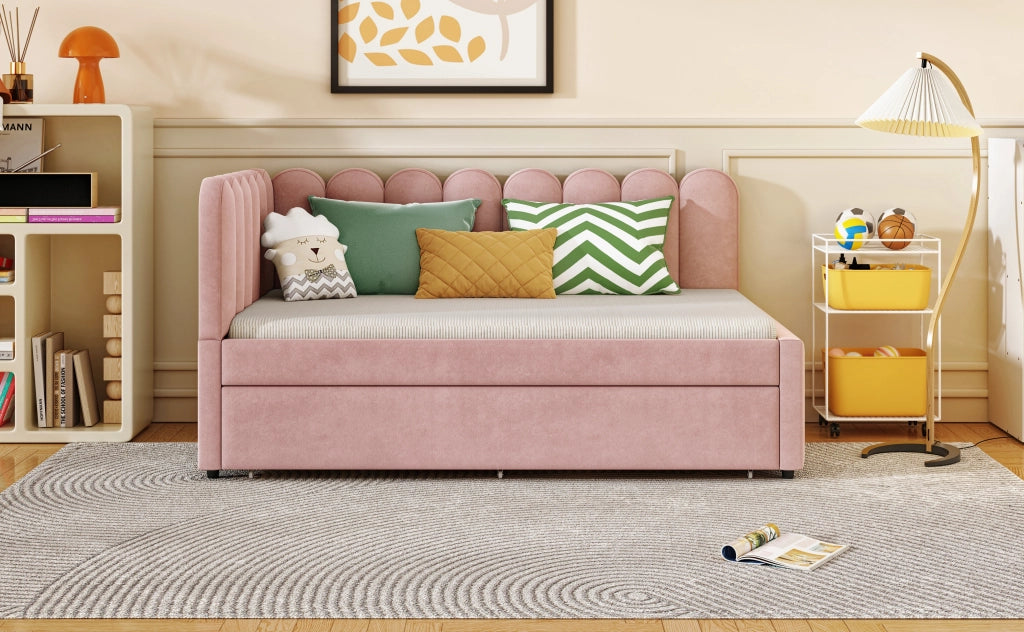 DESMIU Letto estraibile 140 × 200 cm 2 posti con secondo letto e schienale floreale, senza materasso, rosa