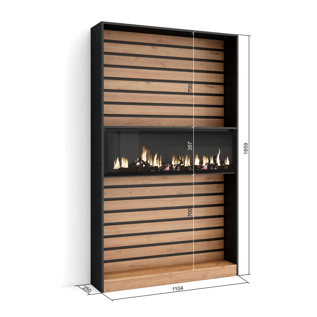 Libreria scaffale, 110x25x186cm, Soggiorno, Ufficio, Camino elettrico, colore Rovere e nero RF2324