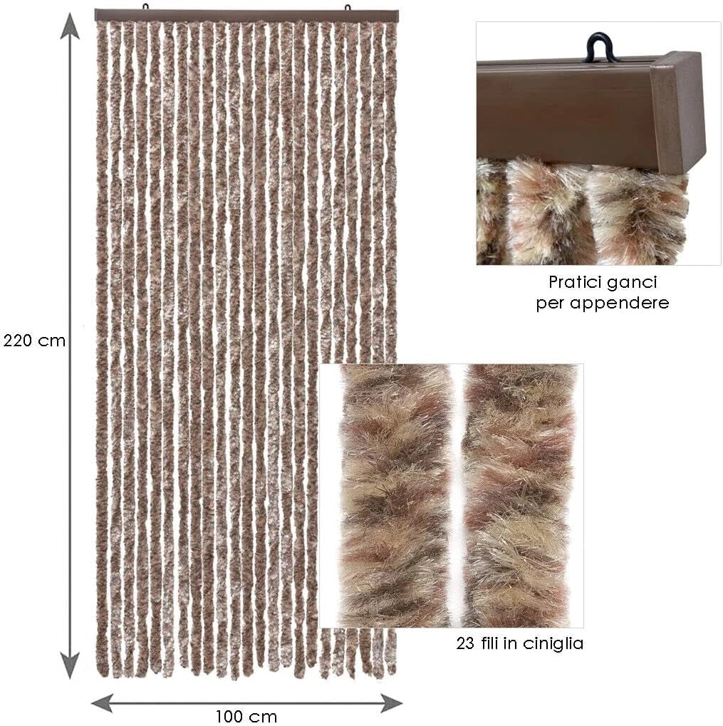 Tenda in Ciniglia 120x230 cm Porta Ingresso ProteggiSole Antimosche Lavabile Regolabile Beige Marrone