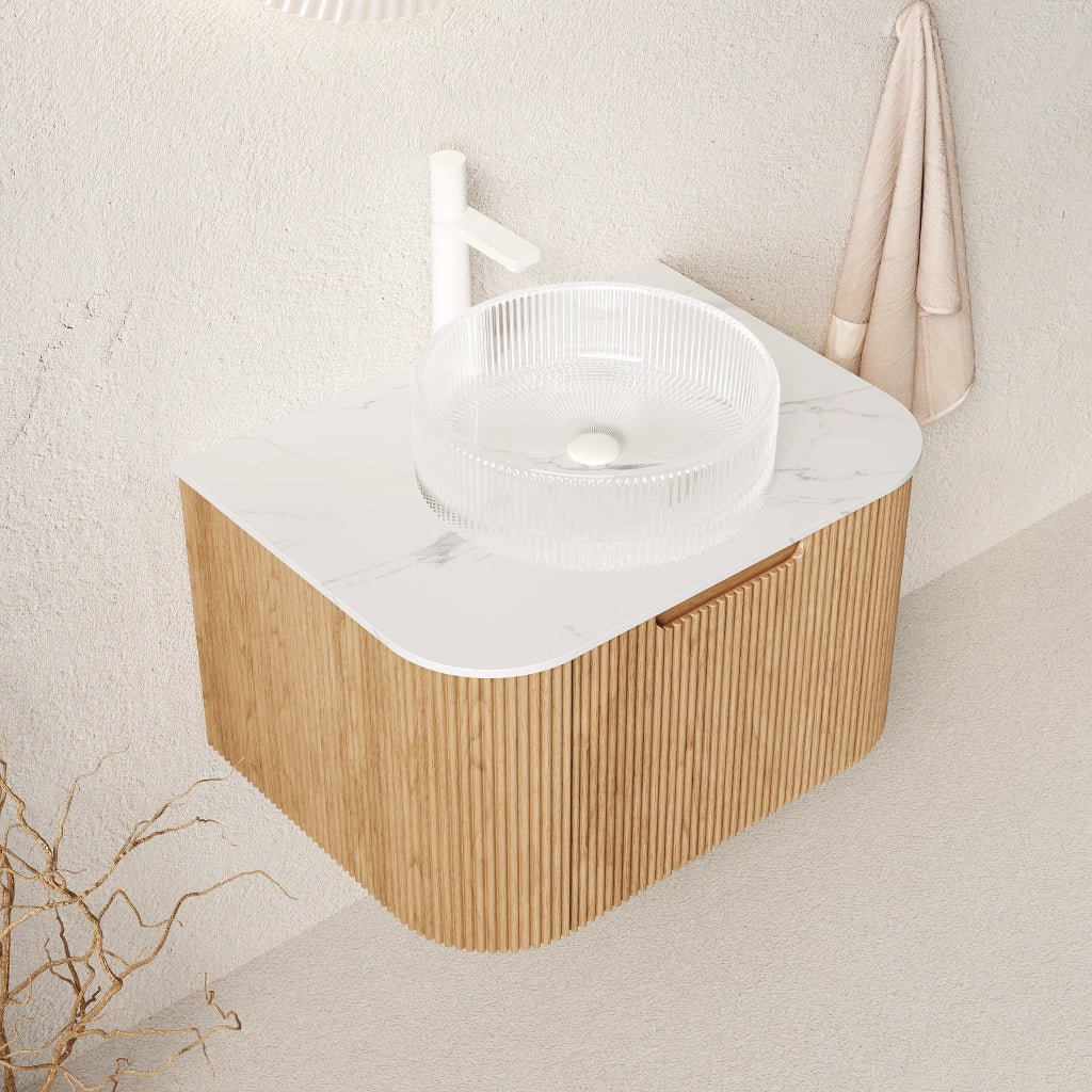 Mobile sottolavabo da bagno con lavabo rotondo in vetro, 1 cassetto e vani contenitore, in compensato, bianco, 61 × 48 × 48,6 cm