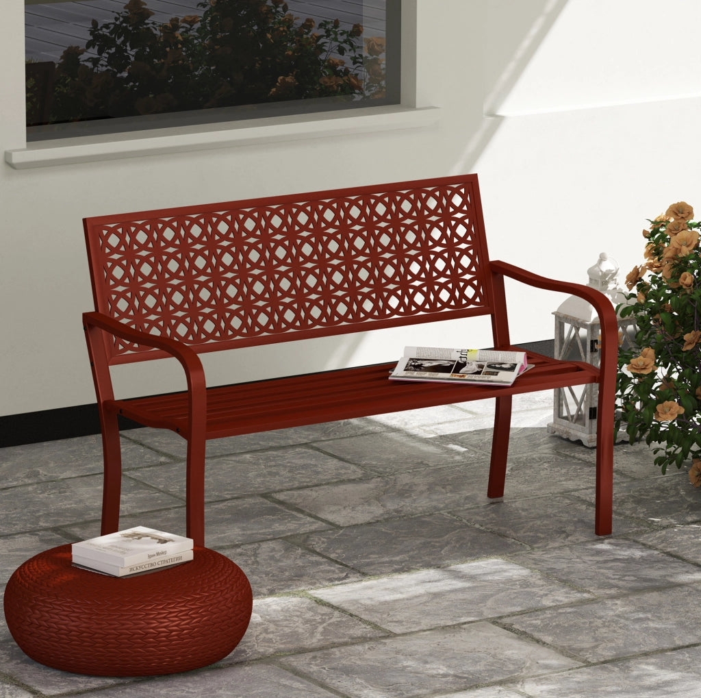 Panchina da giardino a 2 posti in acciaio rosso 127 x 63 x 85 cm; con braccioli e schienale decorato