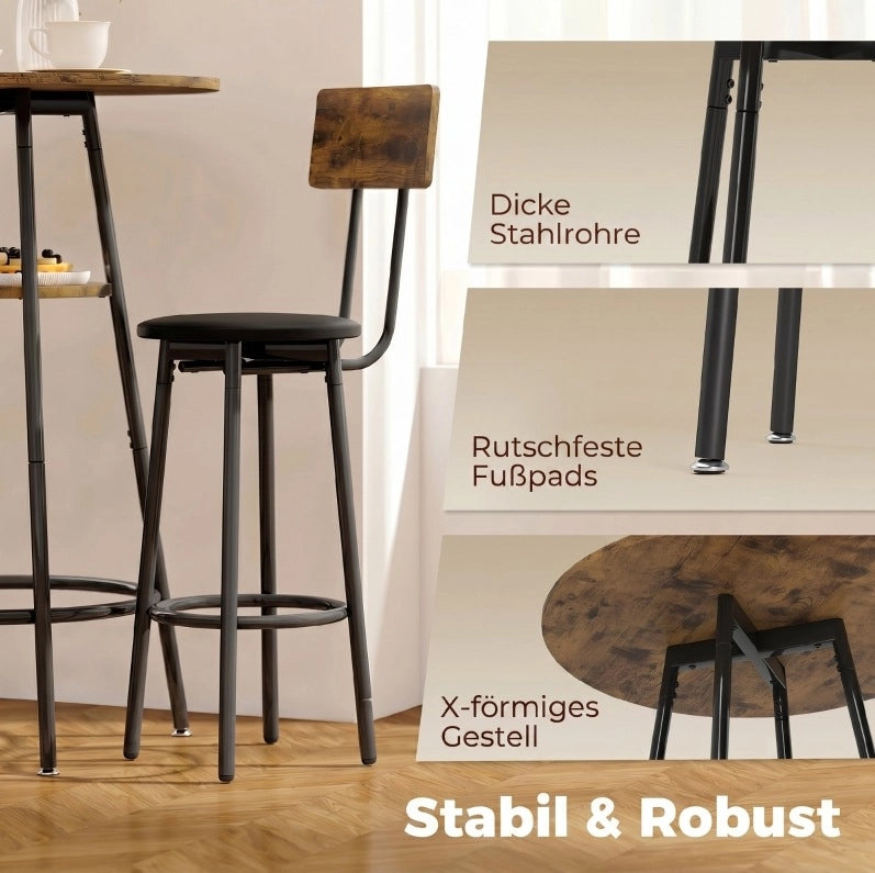 Set tavolo bar industriale con 2 sgabelli imbottiti marrone rustico