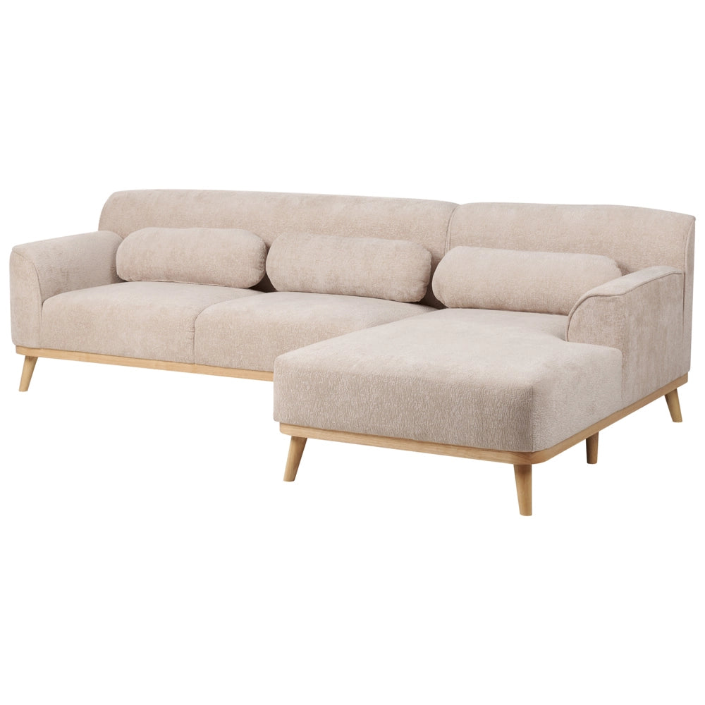Divano angolare 3 posti sinistro imbottito in ciniglia beige con funzione di dormiente e schienale imbottito estraibile Gambe in legno