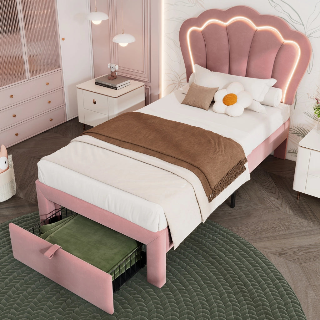 Letto singolo 90x200 cm in velluto rosa con LED RGB; testiera regolabile e cassetto