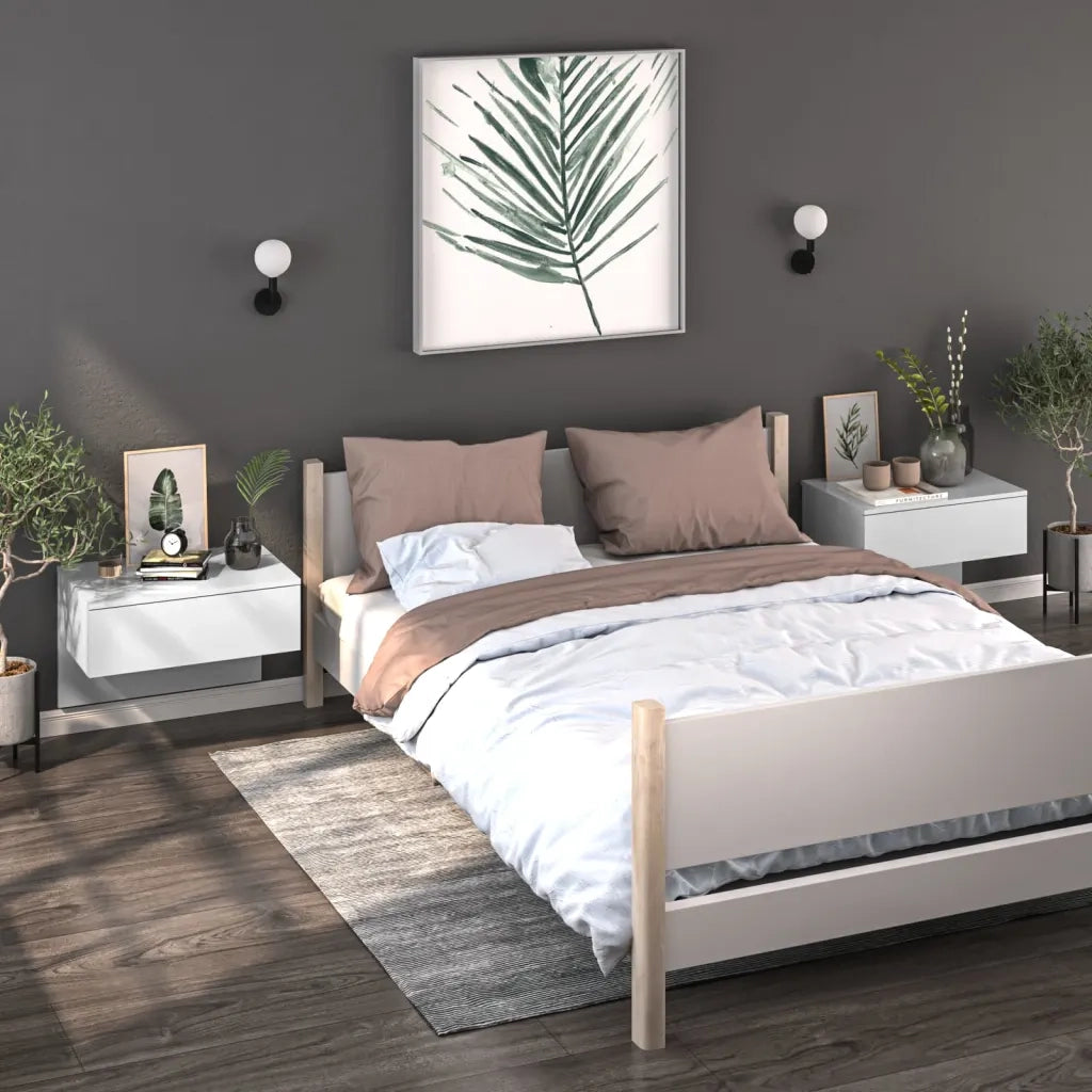Set di 2 Comodini | Armadio da Notte | Mobiletto da notte a Muro Bianco Lucido