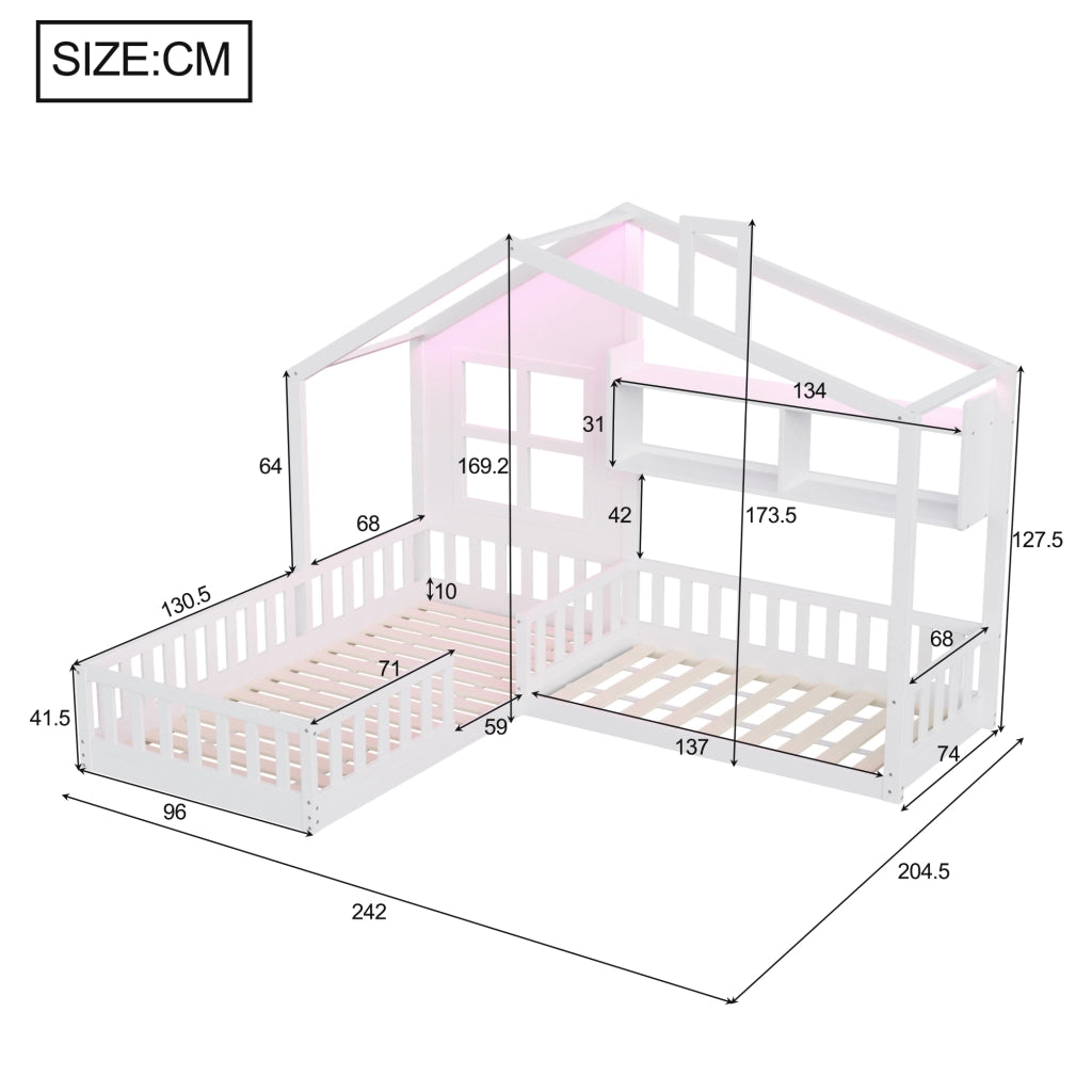Letto per bambini a casetta 90 × 200 cm con LED, ripiani e barriera di sicurezza, senza materasso, bianco