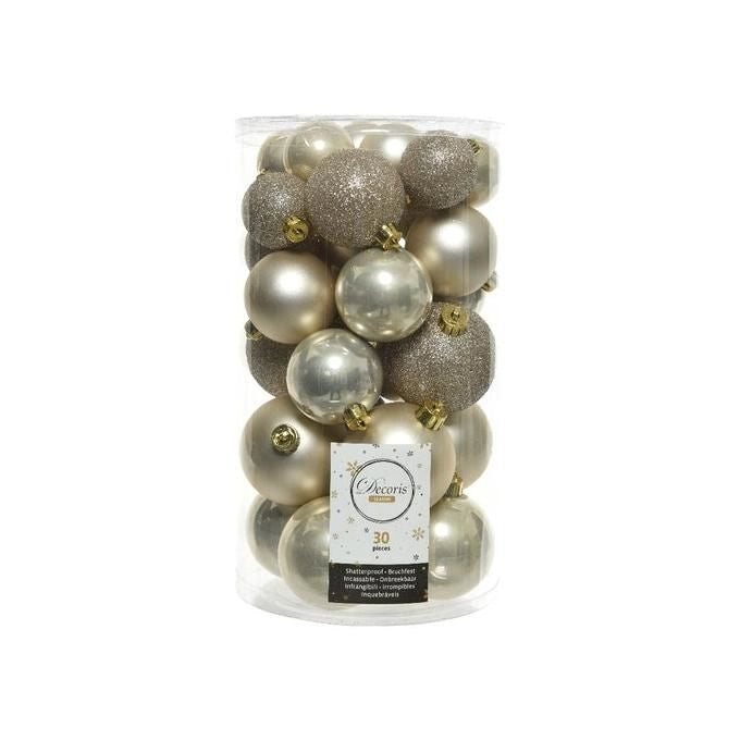 Decoris JNS446986 Set 30 Palline di Natale Plastica Antigraffio Mix 40 50 60 mm Opaco Lucido Glitter colore Perla